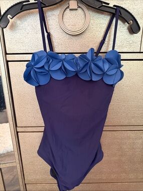 Women’s Glam Blue Floral-Trim One-Piece Swimsuit. Fully Lined.